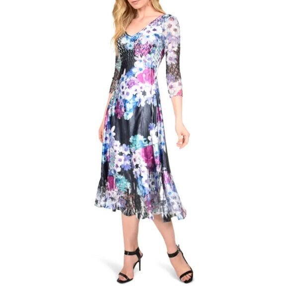 Komarov Floral Charmeuse and Chiffon Midi Dress M - Picture 1 of 11
